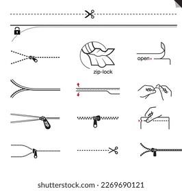 Zippers Various Types Shapes Icon Set Vector Stock Illustration