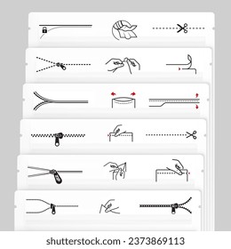 A set of icons for zippers and scissors. Set for package, shows the place of opening. Vector elements. Ready and simple to use for your design.EPS10.