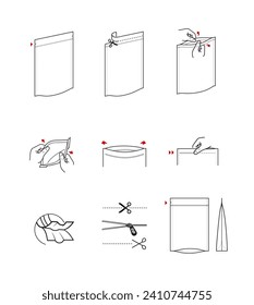 A set of icons for zippers and scissors. Set for package, shows the place of opening. Vector elements. Ready and simple to use for your design. EPS10.