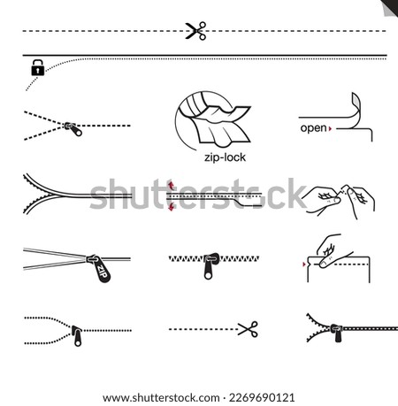 A set of icons for zippers and scissors. Set for package, shows the place of opening. EPS10.