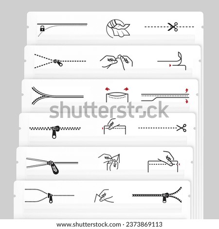 A set of icons for zippers and scissors. Set for package, shows the place of opening. Vector elements. Ready and simple to use for your design.EPS10.