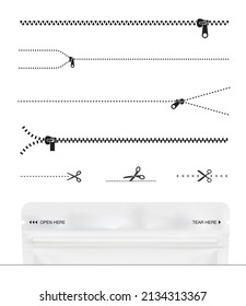 A set of icons for zippers and scissors. Set for packs, shows the place of opening. EPS10.