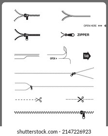 A set of icons for zippers and scissors. Set for packs, shows the place of opening. EPS10.	