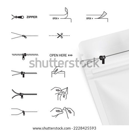 A set of icons for zippers and scissors. Set for packs, shows the place of opening. EPS10.	