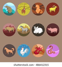 Set icons of zodiac animals for horoscope design. Chinese horoscope: Rat, Ox, Tiger, Rabbit, Dragon, Snake, Horse, Goat, Monkey, Rooster, Dog, Pig. Flat style. Vector illustration isolated
