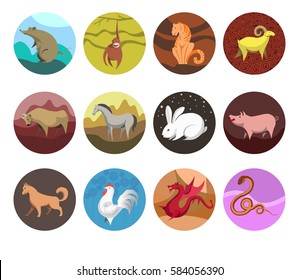 Set icons of zodiac animals for horoscope design. Chinese horoscope Rat, Ox, Tiger, Rabbit, Dragon, Snake, Horse, Goat, Monkey, Rooster, Dog, Pig. Flat style. Vector illustration isolated