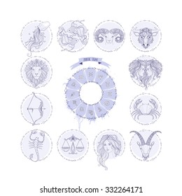 Set icons zodiac signs. Hand drawing. Vector illustration.