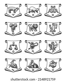 Set of icons with zodiac symbols on parchment frame in engraving style isolated on white. Vector illustration