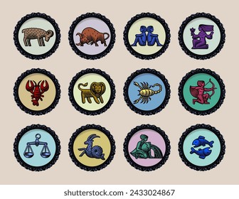 Set of icons with zodiac symbols in round classic frame drawn in vintage engraving style. Vector illustration