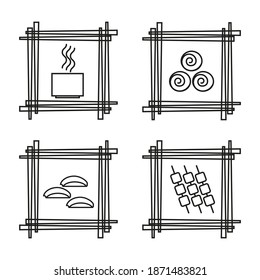 Set of icons-symbols for asian restaurants: a bowl of rice, sushi, nigiri, yakitori, meat loaf