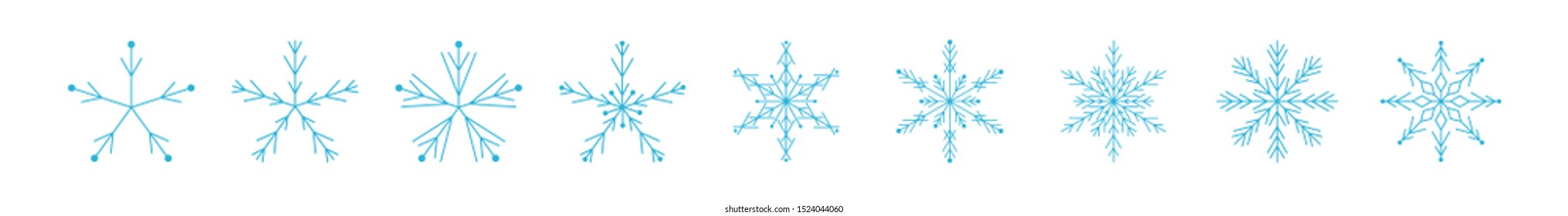 Set of icy snowflakes symbol vector illustration. Blue line frozen snowflake isolated on white background for new year celebration snow decoration ornament or christmas festive frost flakes design