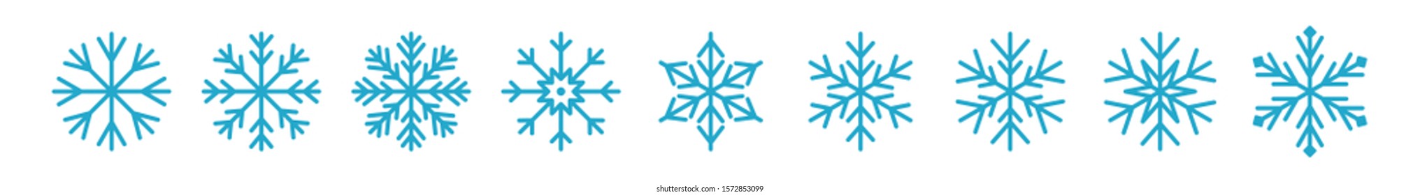Set of icy snowflakes symbol vector illustration. Blue line frozen snowflake isolated on white background for new year celebration snow decoration ornament or christmas festive frost flakes design