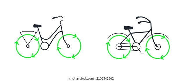 set of icycle with recycle arrows line icon. Eco friendly transportation. Healthy lifestyle concept. Bike wheels spinning