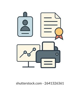 Set of ID badge, certificate document, and printer icon for office tools, HR records, employee verification, workplace documentation, and admin visuals