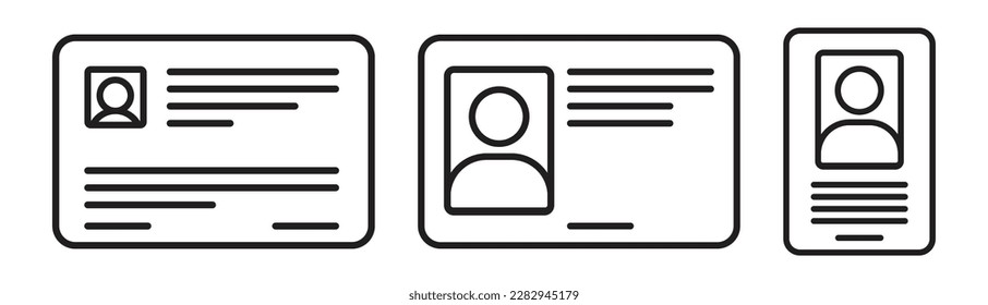 set of id card icons. personal id. citizen identity card sign. driving license. voter id card. entry card symbol. photo-id sign. outlined vector illustration