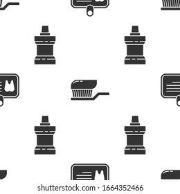 Set Id card with tooth, Toothbrush with toothpaste and Mouthwash plastic bottle on seamless pattern. Vector