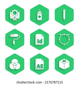 Set ID File document, AE file, Isometric cube, Circle with Bezier curve, RGB and CMYK color mixing, Paint roller brush, Pencil eraser and Computer monitor gear icon. Vector