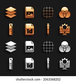 Set ID File document, RGB and CMYK color mixing, Computer monitor gear, Pencil with eraser, Ruler, Grid graph paper, Layers and Picture landscape icon. Vector