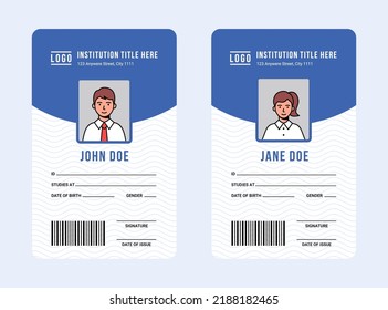A set of id student cards templates. Identity card with photos for a woman and a man student of a university, college, school.