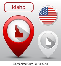 Set of Idaho state with flag america and map pointer