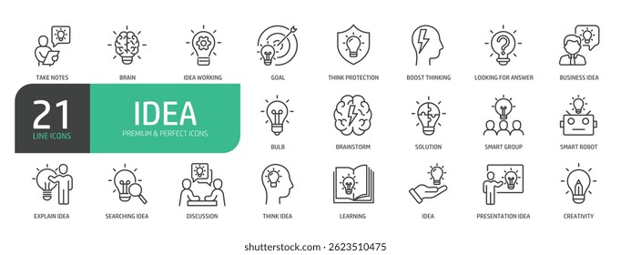 Set of Idea and Brainstorm Line Icon Set. The set includes a Idea, Creative, Innovation, Solution, Thinking.