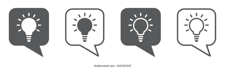 Set of idea bulb chat icons. Thought bubble symbol, genius idea. Light bulb in speech bubble icon, message bubble. Vector illustration.