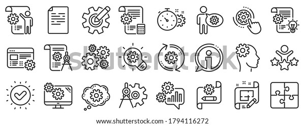 Set of Idea bulb, Dividers tools and Blueprint\
linear icons. Engineering line icons. Cogwheel, calculate price,\
mechanical tools. Idea bulb with cog, architect dividers,\
engineering people. Vector