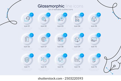 Set of Idea, Chromium mineral and Web settings line icons for web app. Integrity, Qr code, Car charge icons. Cogwheel, Eye detect, World weather signs. Report statistics, Consult, Checklist. Vector