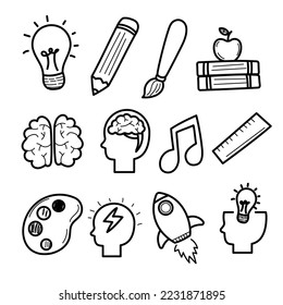 Set of idea and creativity doodles with cute hand-drawn style isolated on white background