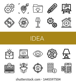 Set of idea icons such as Gear, Curves, Target, Brain, Idea, Lamp, Light bulb, Chalkboard, Lightbulb, Programming, Development, Human resources, Eye, Investment, Lighting , idea