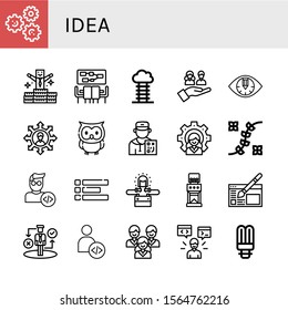 Set of idea icons. Such as Gears, Bonus, Meeting, Goal, Team, Eye, Owl, Coach, Leader, Flower design, Developer, Layout, Led lighting, Coffee grinder, Website design , idea icons