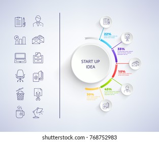 Set up idea infographic with icons in circle and text below, images of businessman, computer and e-mail, lamp and tea on left side vector illustration