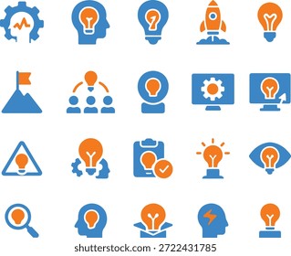 Conjunto de iconos de innovación de ideas y soluciones de negocios en colores azul y naranja aislados en blanco