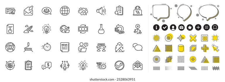 Set of Idea, Inspect and Cash back line icons for web app. Design elements, Social media icons. Loud sound, Business way, Chemistry lab icons. Open mail, Inspiration, Approved checklist signs. Vector