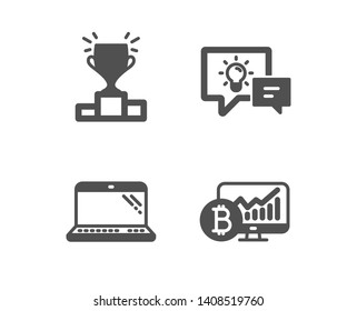 Set of Idea lamp, Laptop and Winner podium icons. Bitcoin chart sign. Business energy, Computer, Competition results. Cryptocurrency statistics.  Classic design idea lamp icon. Flat design. Vector