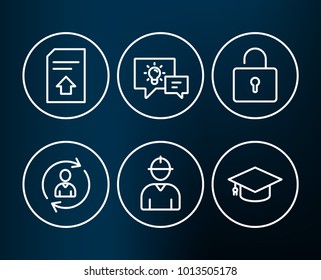 Set of Idea lamp, Lock and Person info icons. Engineer, Upload file and Graduation cap signs. Business energy, Private locker, Refresh user data. Worker profile, Load document, University. Vector