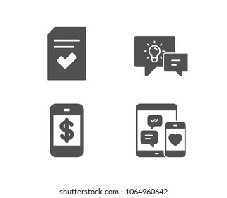 Set of Idea lamp, Smartphone payment and Checked file icons. Social media sign. Business energy, Mobile pay, Correct document. Mobile devices.  Quality design elements. Classic style. Vector