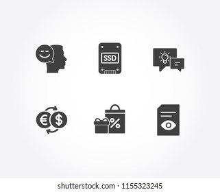 Set of Idea lamp, Ssd and Money exchange icons. Shopping, Good mood and View document signs. Business energy, Solid-state drive, Eur to usd. Gifts and sales, Positive thinking, Open file. Vector