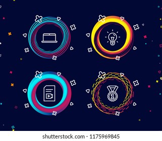 Set of Idea, Laptop and Video file icons. Best rank sign. Light bulb, Mobile computer, Vlog page. Success medal.  Circle banners with line icons. Gradient colors shapes. Vector