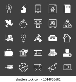 set of idea, mouse, touchscreen, notebook, jet plane, piggy bank, atm, money safe, bulldozer, location, bank, repair, suitcase, building, discount, bus, point, laptop, building vector icon