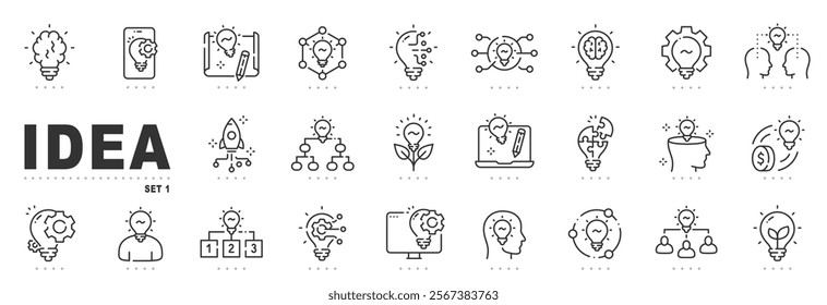 Set of idea related line icons. Creative, lightbulb, brain etc. Editable stroke.