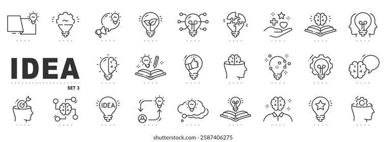 Set of idea related line icons. Creative, lightbulb, brain etc. Editable stroke. Set 3