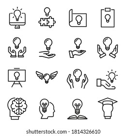 Conjunto de iconos de línea vectorial relacionados con la idea. Paquete de símbolos lineales premium. Ilustración vectorial aislada en un fondo blanco. Símbolos web para sitios web y aplicaciones móviles. Diseño de moda.