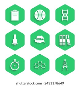 Set Idee, Sprechblase, chemische Formel, Zeichenkompass, Office Ordner, Stoppuhr, Klingelton, DNA-Symbol und Zwischenablage mit Checklisten-Symbol. Vektor