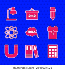 Set Idea, speech bubble, Office folders, Calculator, School backpack, Magnet, Atom, Pencil with eraser and Table lamp icon. Vector