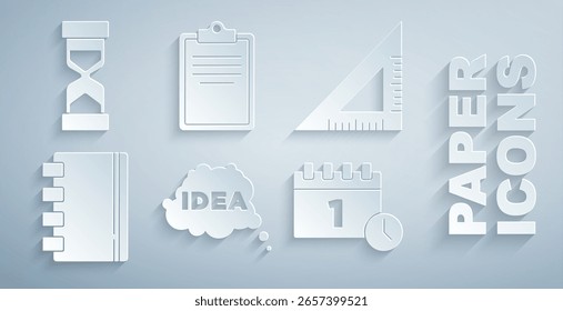 Set Idea, burbuja de discurso, Regla triangular, cuaderno espiral, calendario de la primera fecha de septiembre, Portapapeles con la lista de verificación y el viejo icono de arena de reloj de arena. Vector