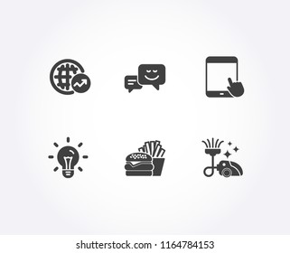Set of Idea, Tablet pc and Happy emotion icons. Burger, World statistics and Vacuum cleaner signs. Light bulb, Touchscreen gadget, Web chat. Cheeseburger, Global report, Vacuum clean. Vector