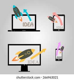 set of ideas up arrow on the gadget with a rocket. vector. isola