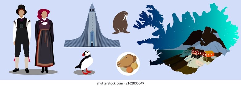 
Set of ideas Iceland. Characters in national clothes, a map of Iceland depicting a village with northern lights, the Church of Hallgrimur, a dish "svid" puffin bird, walrus. vector illustration