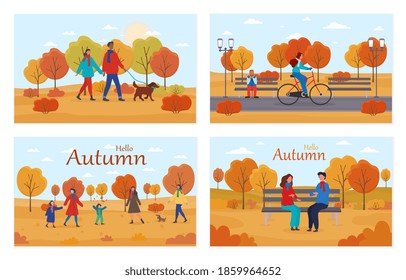 Set of ideas for moody autumn outdoor activities. Men and women walking dog, playing with children and riding bike in autumn park. Flat cartoon vector illustration